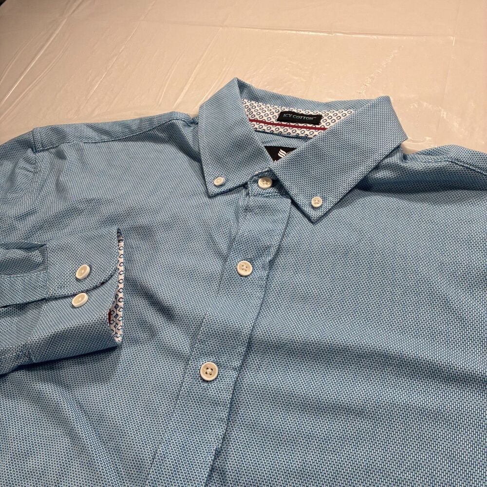Buttercloth Shirt Button Down Mens Large Blue Icy Cotton Geometric Casual